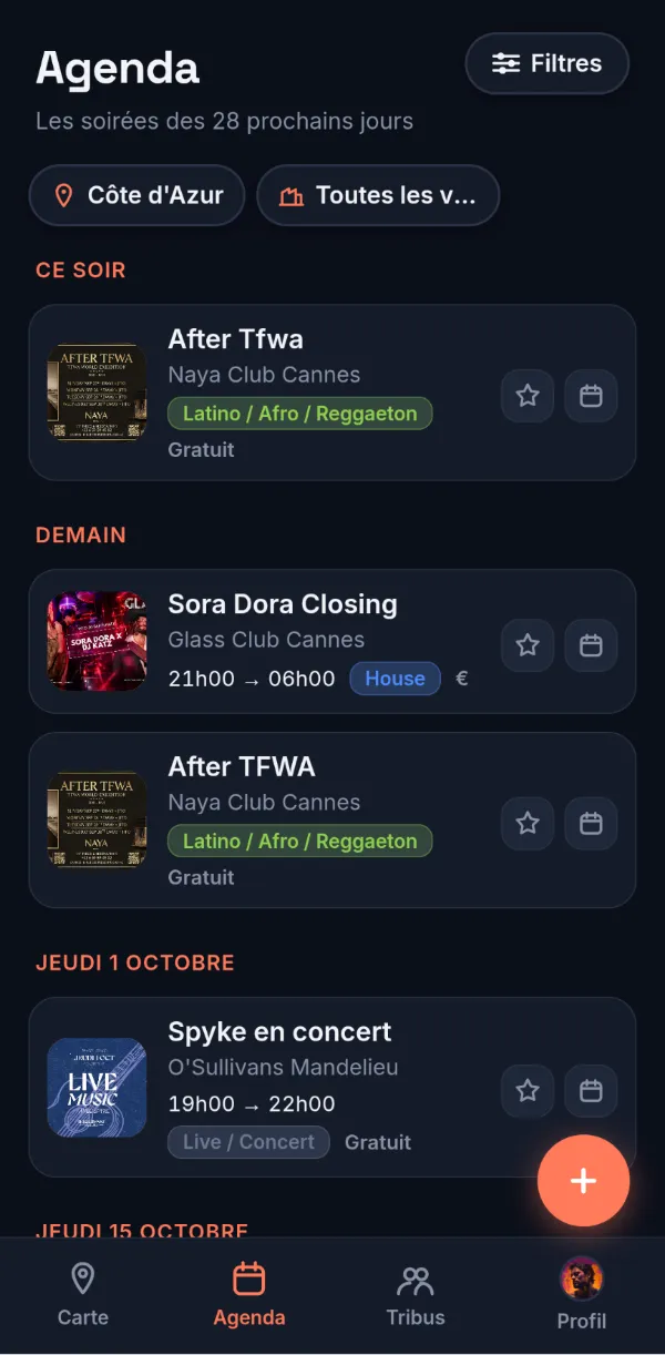 Écran Agenda de NiteMap