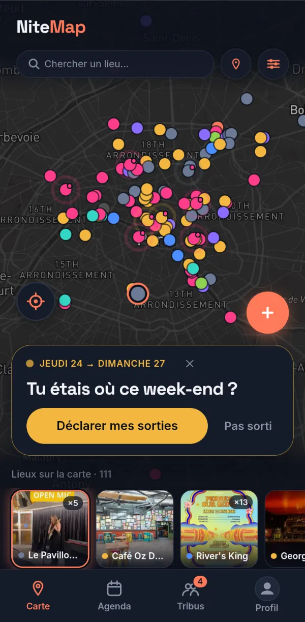 Écran Carte de NiteMap, avec les lieux de Paris et la bande de photos