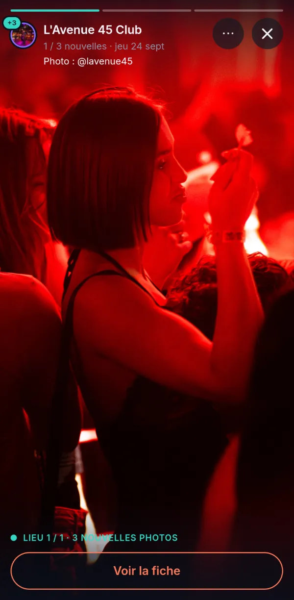 Photo récente d'un club en plein écran dans NiteMap, avec son crédit Instagram